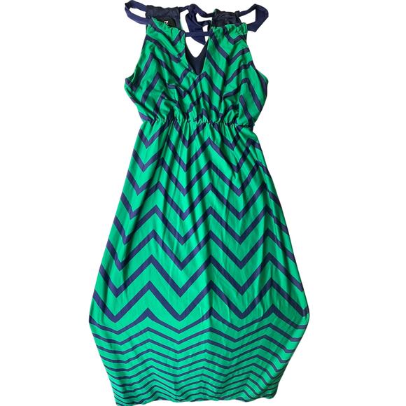 Iz Byer Women Maxi Dress size M Sleeveless Halter V-cut Stretchy Green & Blue - Picture 2 of 9